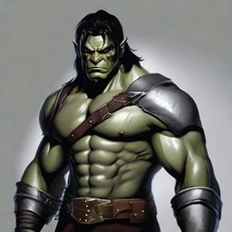 A muscular half-orc with medium-length black hair, grey skin, wearing a leather armor