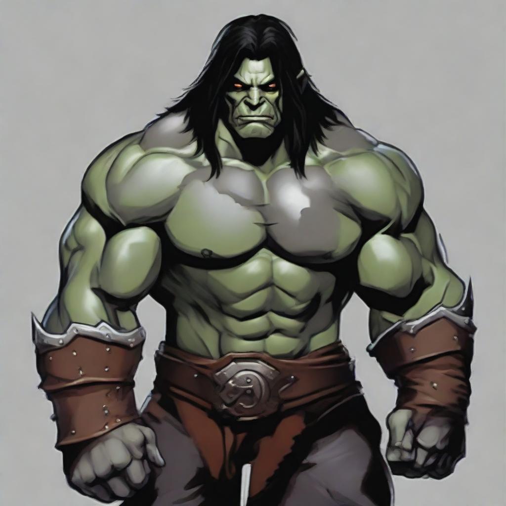 A muscular half-orc with medium-length black hair, grey skin, wearing a leather armor