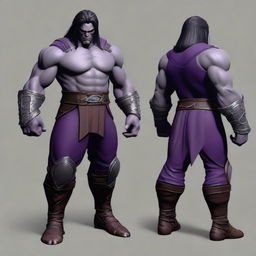 A muscular half-orc with medium-length black hair, grey skin, wearing a dark purple leather armor