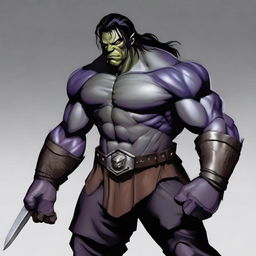 A muscular half-orc with medium-length black hair, grey skin, wearing a dark purple leather armor