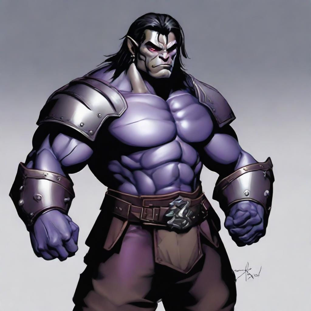 A muscular half-orc with medium-length black hair, grey skin, wearing a dark purple leather armor