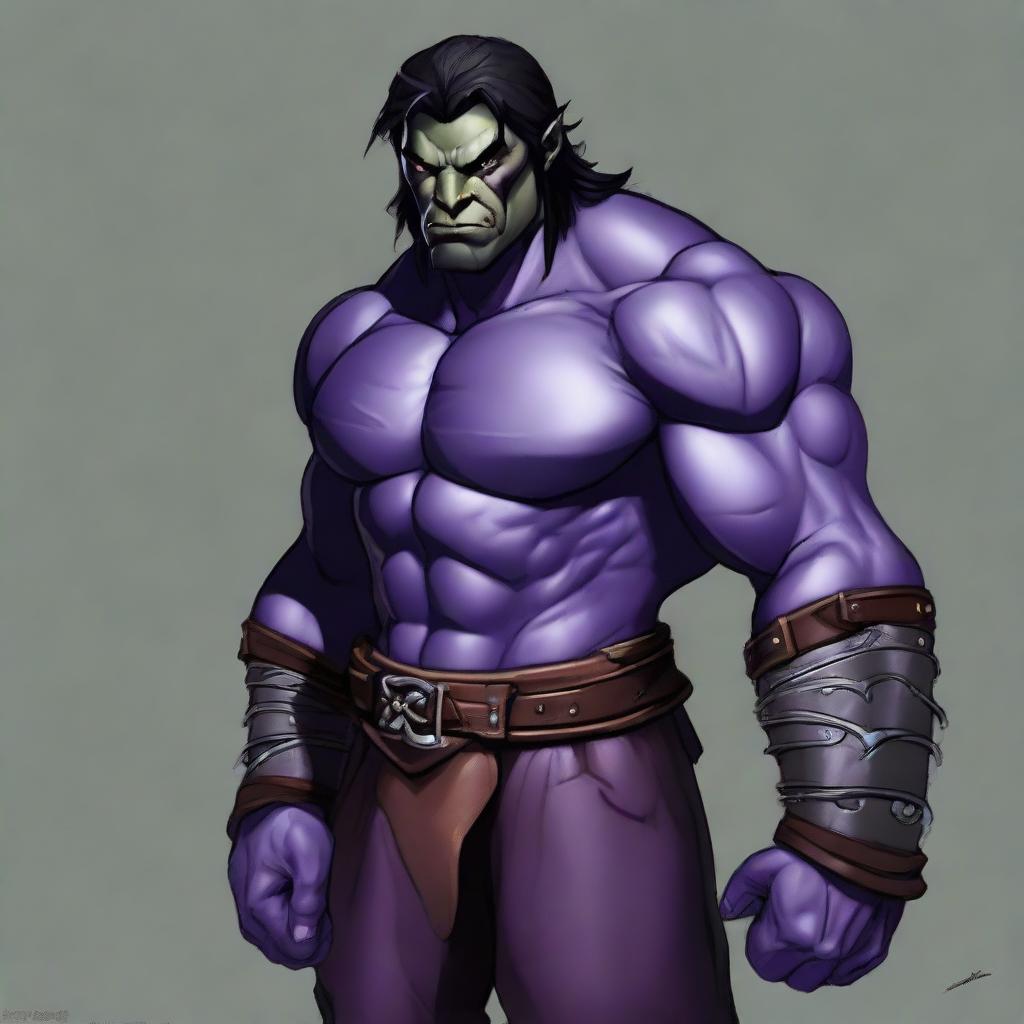 A muscular half-orc with medium-length black hair, grey skin, wearing a dark purple leather armor