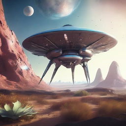 A hyperrealistic rendering of a sleek futuristic spaceship gently landing on the surface of a unique and incredibly beautiful alien planet, abundant in strange yet captivating flora and fauna.