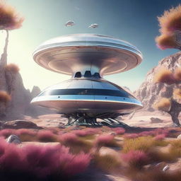 A hyperrealistic rendering of a sleek futuristic spaceship gently landing on the surface of a unique and incredibly beautiful alien planet, abundant in strange yet captivating flora and fauna.