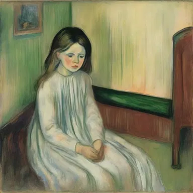 The painting titled 'The Sick Child' by Edvard Munch portrays the despair and anguish of a young girl suffering from sickness.