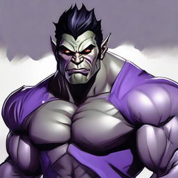 RPG-style art of a muscular half-orc with medium-length black hair, grey skin, dressed in a purple outfit