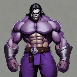 RPG-style art of a muscular half-orc with medium-length black hair, grey skin, dressed in a purple outfit