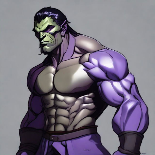 RPG-style art of a muscular half-orc with medium-length black hair, grey skin, dressed in a purple outfit