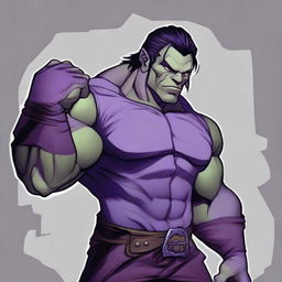 RPG-style art of a muscular half-orc with medium-length black hair, grey skin, dressed in a purple outfit