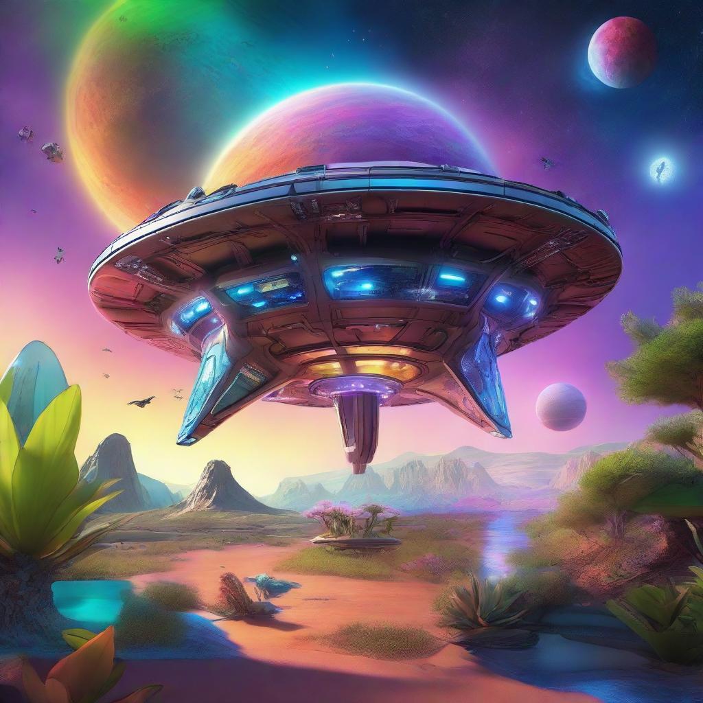 A hyperrealistic rendering of a futuristic spaceship landing on an exotic alien planet teeming with vibrant life, featuring unique, bioluminescent flora and distinct fauna under a brilliantly colored alien sky.