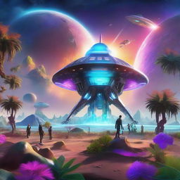 A hyperrealistic rendering of a futuristic spaceship landing on an exotic alien planet teeming with vibrant life, featuring unique, bioluminescent flora and distinct fauna under a brilliantly colored alien sky.