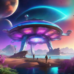 A hyperrealistic rendering of a futuristic spaceship landing on an exotic alien planet teeming with vibrant life, featuring unique, bioluminescent flora and distinct fauna under a brilliantly colored alien sky.