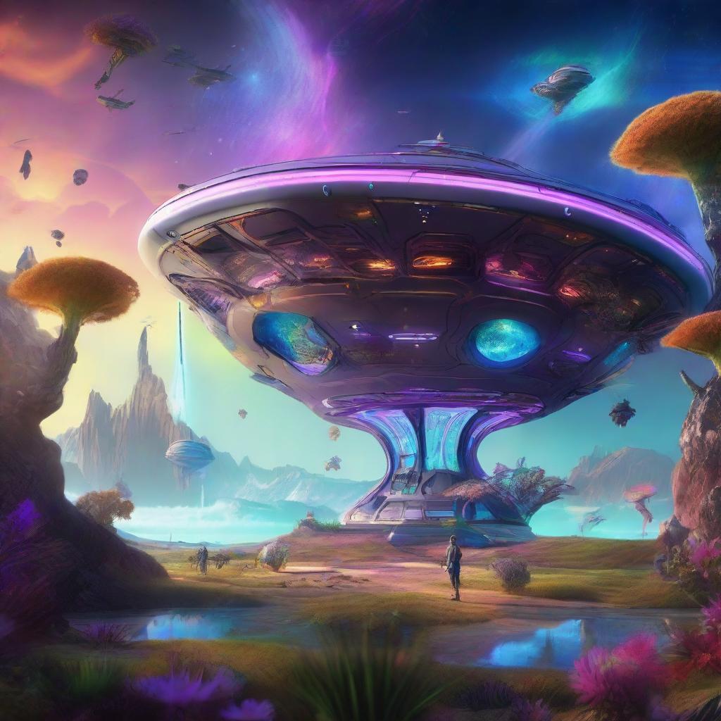 A hyperrealistic rendering of a futuristic spaceship landing on an exotic alien planet teeming with vibrant life, featuring unique, bioluminescent flora and distinct fauna under a brilliantly colored alien sky.