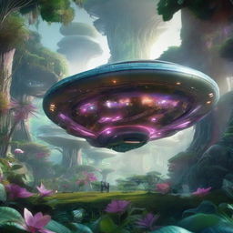 A hyperrealistic image of a futuristic spaceship landing in the heart of a sprawling, lush alien jungle, with otherworldly trees, colorful undergrowth, and exotic creatures peeking out from the shadows.