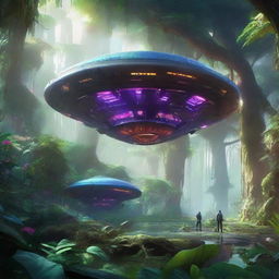 A hyperrealistic image of a futuristic spaceship landing in the heart of a sprawling, lush alien jungle, with otherworldly trees, colorful undergrowth, and exotic creatures peeking out from the shadows.