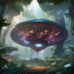 A hyperrealistic image of a futuristic spaceship landing in the heart of a sprawling, lush alien jungle, with otherworldly trees, colorful undergrowth, and exotic creatures peeking out from the shadows.