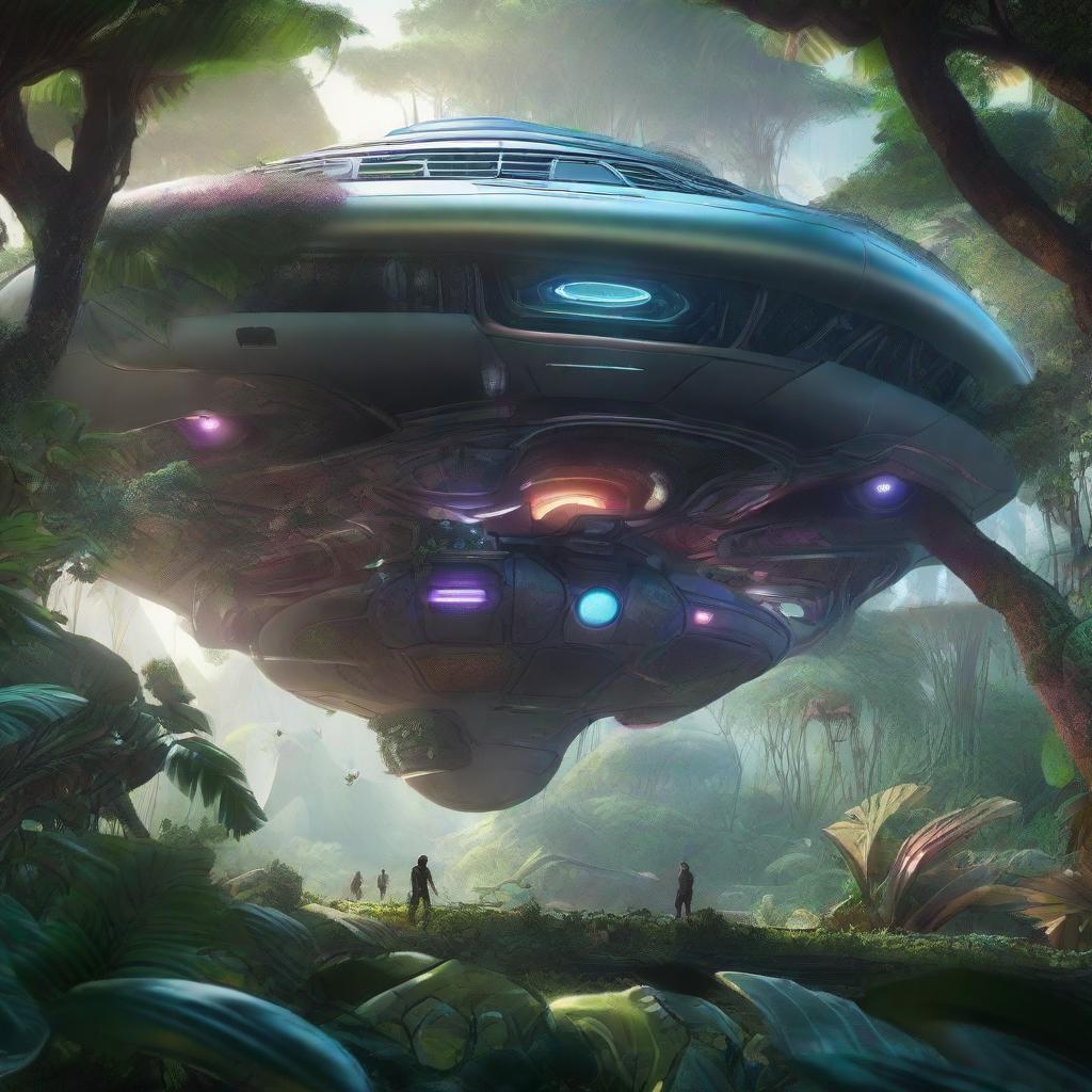 A hyperrealistic image of a futuristic spaceship landing in the heart of a sprawling, lush alien jungle, with otherworldly trees, colorful undergrowth, and exotic creatures peeking out from the shadows.