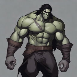 RPG-style art of a muscular half-orc with medium-length black hair, grey skin, dressed in a black outfit