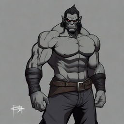 RPG-style art of a muscular half-orc with medium-length black hair, grey skin, dressed in a black outfit