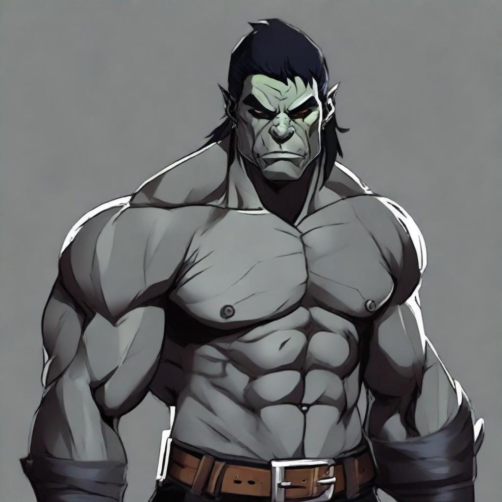 RPG-style art of a muscular half-orc with medium-length black hair, grey skin, dressed in a black outfit