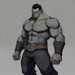 RPG-style art of a muscular half-orc with medium-length black hair, grey skin, dressed in a black outfit