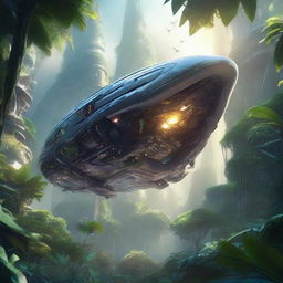 A strikingly realistic image of an advanced futuristic spaceship making its descent in an alien jungle, surrounded by vivid, exotic plant life, and inhabited by unseen creatures, bathed in the ethereal light of a foreign sun.