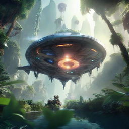 A strikingly realistic image of an advanced futuristic spaceship making its descent in an alien jungle, surrounded by vivid, exotic plant life, and inhabited by unseen creatures, bathed in the ethereal light of a foreign sun.