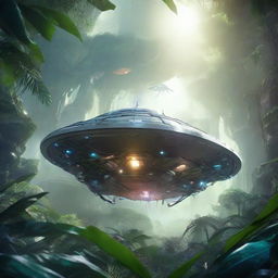 A strikingly realistic image of an advanced futuristic spaceship making its descent in an alien jungle, surrounded by vivid, exotic plant life, and inhabited by unseen creatures, bathed in the ethereal light of a foreign sun.