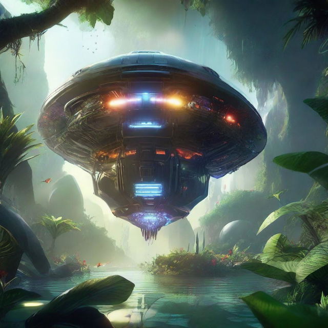 A strikingly realistic image of an advanced futuristic spaceship making its descent in an alien jungle, surrounded by vivid, exotic plant life, and inhabited by unseen creatures, bathed in the ethereal light of a foreign sun.