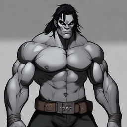 RPG-style art of a muscular half-orc with medium-length black hair, grey skin, dressed in a black outfit