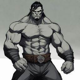 RPG-style art of a muscular half-orc with medium-length black hair, grey skin, dressed in a black outfit