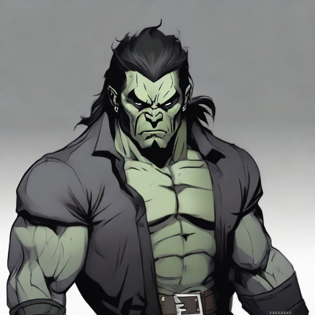 RPG-style art of a muscular half-orc with medium-length black hair, grey skin, dressed in a black outfit