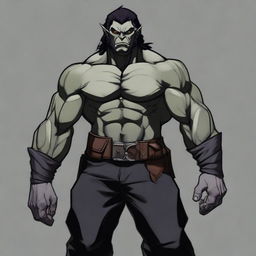 RPG-style art of a muscular half-orc with medium-length black hair, grey skin, dressed in a black outfit