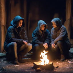 An American family composed of Nadine in her late 30s, Eliane, a 19 year old girl, Karim, a 9 year old boy, and Samira, a 65 year old woman, sitting around a fire in an abandoned house at night in an apocalyptic setting, all wearing jackets.