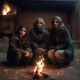 An American family composed of Nadine in her late 30s, Eliane, a 19 year old girl, Karim, a 9 year old boy, and Samira, a 65 year old woman, sitting around a fire in an abandoned house at night in an apocalyptic setting, all wearing jackets.