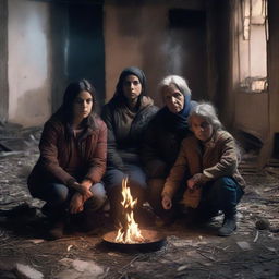 An American family composed of Nadine in her late 30s, Eliane, a 19 year old girl, Karim, a 9 year old boy, and Samira, a 65 year old woman, sitting around a fire in an abandoned house at night in an apocalyptic setting, all wearing jackets.