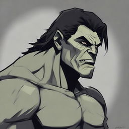 RPG-style art of a muscular half-orc with medium-length black hair, gray skin, wearing a black outfit, bearing a scar over his right eye