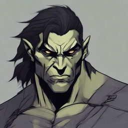 RPG-style art of a muscular half-orc with medium-length black hair, gray skin, wearing a black outfit, bearing a scar over his right eye