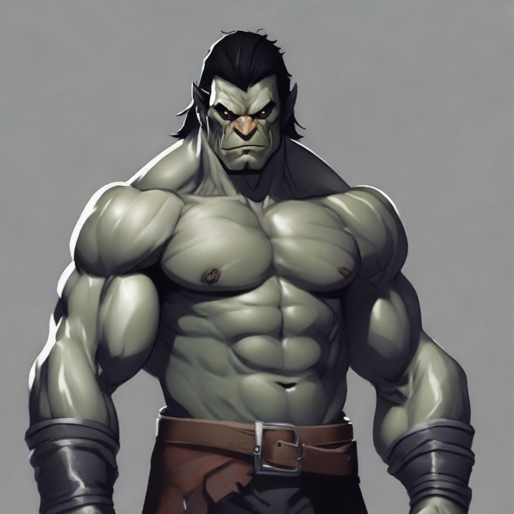 RPG-style art of a muscular half-orc with medium-length black hair, gray skin, wearing a black outfit, bearing a scar over his right eye