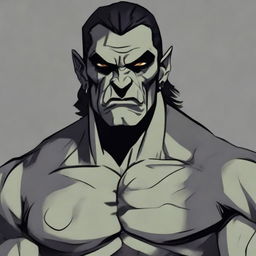 RPG-style art of a muscular half-orc with medium-length black hair, gray skin, wearing a black outfit, bearing a scar over his right eye