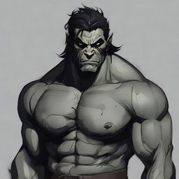 RPG-style art of a muscular half-orc with medium-length black hair, grey skin, dressed in black, with a scar on his right eye