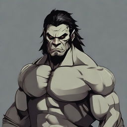 RPG-style art of a muscular half-orc with medium-length black hair, grey skin, dressed in black, with a scar on his right eye