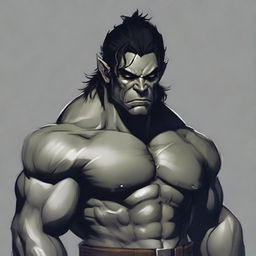 RPG-style art of a muscular half-orc with medium-length black hair, grey skin, dressed in black, with a scar on his right eye