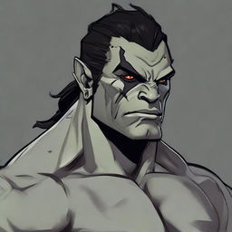 RPG-style art of a muscular half-orc with medium-length black hair, grey skin, dressed in black, with a scar on his right eye