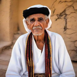 A very old Libyan man dressed in traditional Libyan attire, radiating wisdom and culture.