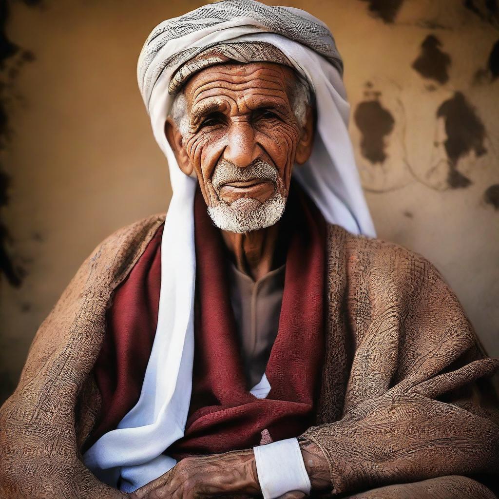 A very old Libyan man dressed in traditional Libyan attire, radiating wisdom and culture.