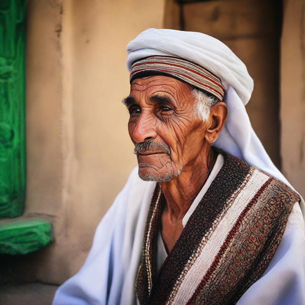 A very old Libyan man dressed in traditional Libyan attire, radiating wisdom and culture.