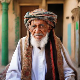 A very old Libyan man dressed in traditional Libyan attire, radiating wisdom and culture.