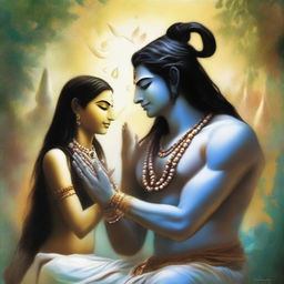 Blessed by Lord Shiva, creating an artwork showcasing a spiritual scene of a person receiving blessings from Shiva in a serene, divine environment with Shiva in his iconic tranquil pose.