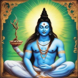 Blessed by Lord Shiva, creating an artwork showcasing a spiritual scene of a person receiving blessings from Shiva in a serene, divine environment with Shiva in his iconic tranquil pose.